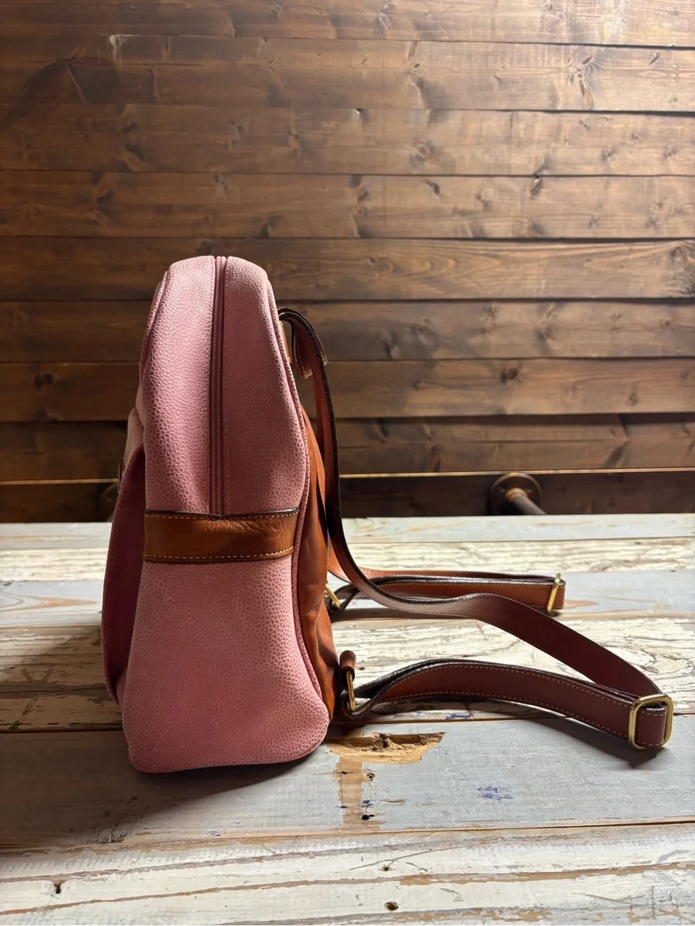 Bric’s Pink Pebbled Leather Backpack Tan Trim Adjustable Straps